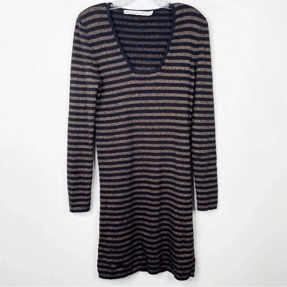 & OTHER STORIES Black and Copper Gold Striped Square Neck Knit Sweater Dress M - Picture 2 of 4